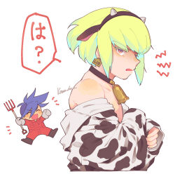 Rule 34 | 2boys, ?, androgynous, animal costume, animal ears, animal print, annoyed, artist name, bare shoulders, bell, blue hair, blush, chibi, commentary, cow costume, cow ears, cow print, cowbell, crossed arms, from side, galo thymos, gloves, green hair, highres, kome 1022, lio fotia, long sleeves, looking to the side, male focus, mohawk, multiple boys, open mouth, piercing, pink eyes, pitchfork, promare, short hair, sidelocks, simple background, smile, spiked hair, translated, trap, upper body, white background