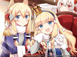 Rule 34 | 3girls, absurdres, aiguillette, azur lane, azur lane: queen&#039;s orders, blonde hair, blue eyes, blunt bangs, blush, commentary request, copyright name, crown, drill hair, elbow rest, fang, gloves, hair between eyes, hair ribbon, highres, index finger raised, indoors, long hair, looking at viewer, military uniform, mini crown, multiple girls, o3o, official art, open mouth, paper, queen elizabeth (azur lane), red eyes, red ribbon, ribbon, second-party source, smile, tilted headwear, tsuchii (ramakifrau), twin drills, uniform, valiant (azur lane), warspite (azur lane), white gloves, white hair
