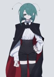 Rule 34 | 1girl, antennae, artist name, black cape, black shorts, black thighhighs, cape, closed mouth, collared shirt, expressionless, feet out of frame, green eyes, green hair, grey background, hair over one eye, hand on own hip, high-waist shorts, highres, long sleeves, looking at viewer, medium hair, red cape, shirt, shorts, simple background, solo, thighhighs, touhou, twitter username, two-sided cape, two-sided fabric, white shirt, wriggle nightbug, xx asui