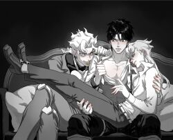 Rule 34 | 3boys, dio brando, family, fangs, father and son, giorno giovanna, green lips, highres, honlo, jacket, jojo no kimyou na bouken, jonathan joestar, long hair, looking at another, male focus, monochrome, multiple boys, muscular, muscular male, open clothes, open shirt, pants, pectorals, pillow, red eyes, shirt, sitting, sitting on person, smile, undressing another, vento aureo, yaoi