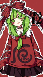 Rule 34 | 1girl, @ @, arm ribbon, black skirt, blush, bow, character name, choker, contemporary, cowboy shot, frilled bow, frills, front ponytail, green eyes, green hair, hair bow, head tilt, heart, highres, hood, hoodie, kagiyama hina, kyouda suzuka, long hair, long sleeves, looking at viewer, miniskirt, nail polish, open mouth, pleated skirt, red background, red bow, red hoodie, red nails, ribbon, simple background, skirt, skirt hold, smile, solo, standing, touhou, twitter username