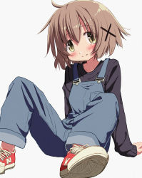Rule 34 | 1girl, absurdres, black shirt, brown hair, commentary request, hair ornament, hidamari sketch, highres, knees up, long sleeves, looking at viewer, overalls, percy pyl, red footwear, shirt, shoes, short hair, sitting, sneakers, solo, white background, x hair ornament, yuno (hidamari sketch)