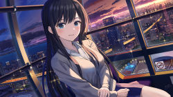 Rule 34 | 1girl, animal ears, black hair, blue eyes, blue skirt, blush, building, cardigan, city, city lights, cityscape, cloud, commentary request, evening, ferris wheel, ferris wheel interior, grey cardigan, hair between eyes, harbor, highres, highway, long hair, long sleeves, looking at viewer, may9, night, no smoking, open mouth, original, school uniform, shirt, sitting, skirt, sky, smile, sunset, teeth, upper teeth only, white shirt, window