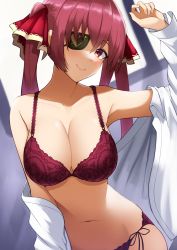Rule 34 | 1girl, absurdres, bra, breasts, cleavage, closed mouth, eyepatch, hair ribbon, hand up, highres, hololive, houshou marine, indoors, lace, lace-trimmed bra, lace trim, large breasts, long hair, navel, off shoulder, panties, pyonsan, red bra, red eyes, red hair, red panties, red ribbon, ribbon, shirt, side-tie panties, smile, solo, stomach, twintails, underwear, virtual youtuber, white shirt, window