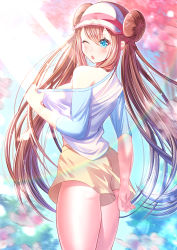 Rule 34 | 1girl, blue eyes, blue sky, blue sleeves, blurry, blurry background, blush, breasts, brown hair, bush, creatures (company), day, double bun, female focus, from behind, game freak, hair bun, hand up, hat, highres, jiaxi daze, light rays, long hair, long sleeves, medium breasts, nintendo, off shoulder, one eye closed, open mouth, outdoors, pink hat, pokemon, pokemon bw2, raglan sleeves, rosa (pokemon), shirt, short shorts, shorts, sideboob, sky, solo, standing, sunbeam, sunlight, tree, twintails, very long hair, visor cap, white shirt, yellow shorts