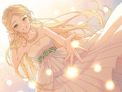 Rule 34 | 1girl, arm up, bare arms, bare shoulders, belt, blonde hair, bracelet, dress, dutch angle, green belt, grey dress, grin, hand in own hair, highres, jewelry, long hair, looking at viewer, multicolored background, necklace, nintendo, official alternate costume, pointy ears, princess zelda, reaching, reaching towards viewer, rutiwa, smile, solo, teeth, the legend of zelda, the legend of zelda: breath of the wild, triforce print