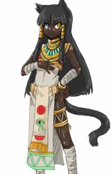 Rule 34 | 1girl, animal ears, black hair, blush, cat ears, cat tail, dark skin, dark-skinned female, egyptian, flat chest, gold, heterochromia, jewelry, long hair, lots of jewelry, nail polish, null (null man), red nails, solo, tail