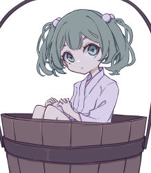 Rule 34 | 1girl, bucket, expressionless, eyebrows hidden by hair, hair bobbles, hair ornament, highres, in container, japanese clothes, kame (kamepan44231), kimono, kisume, knees up, looking at viewer, one-hour drawing challenge, simple background, sitting, solo, touhou, twintails, white background, wooden bucket