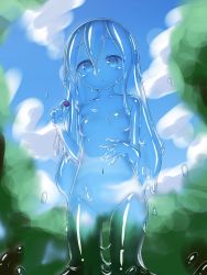 Rule 34 | 1girl, berry, blue eyes, blue hair, blue skin, blue sky, breasts, cloud, cloudy sky, colored skin, curss, highres, long hair, looking at viewer, monster girl, navel, no nipples, nude, sky, slime girl, small breasts, see-through body