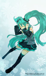 Rule 34 | bad id, bad pixiv id, detached sleeves, green hair, hatsune miku, headphones, headset, long hair, molly, skirt, solo, thighhighs, twintails, very long hair, vocaloid
