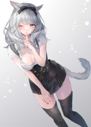 Rule 34 | 1girl, animal ears, warrior of light (ff14), black footwear, blue eyes, boots, bow hairband, breasts, cat ears, cat girl, cat tail, cleavage, corset, facial mark, feet out of frame, final fantasy, final fantasy xiv, finger to mouth, gradient background, grey background, grey hair, hairband, hand on own thigh, hand up, highres, jewelry, karurururuun, large breasts, long hair, looking to the side, medium breasts, miqo&#039;te, nail polish, necklace, one eye closed, red nails, solo, standing, tail, thigh boots, thighhighs, thighs