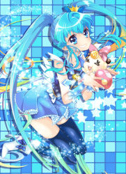 Rule 34 | 10s, 1girl, 2-nd, black thighhighs, blue eyes, blue hair, blue skirt, blue theme, bow, brooch, creature, crown, cure princess, frills, full body, grin, happinesscharge precure!, heart, heart brooch, highres, jewelry, light particles, long hair, magical girl, mini crown, necktie, pink bow, precure, ribbon (happinesscharge precure!), shirayuki hime, shoes, sidelocks, skirt, smile, star (symbol), thighhighs, twintails
