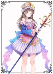 Rule 34 | 1girl, atelier (series), atelier totori, blue sleeves, blush, brown eyes, brown hair, collarbone, commentary request, detached sleeves, dress, feet out of frame, gem, hat, holding, holding staff, long hair, looking at viewer, pink dress, simple background, smile, solo, staff, totooria helmold, wangyq, white background