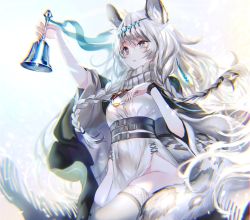 Rule 34 | 1girl, animal ear fluff, animal ears, arknights, bead necklace, beads, bell, belt, black belt, black cape, braid, breasts, cape, chromatic aberration, dress, grey eyes, grey hair, headpiece, highres, holding, holding bell, jewelry, leopard ears, leopard girl, leopard tail, long hair, multicolored hair, necklace, parted lips, pelvic curtain, pottsness, pramanix (arknights), side braids, small breasts, solo, tail, thighhighs, turtleneck, turtleneck dress, twin braids, two-tone hair