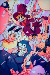 Rule 34 | 184nx, 3girls, :3, balloon, belt, belt buckle, belt pouch, blonde hair, blood, bow, bowtie, breasts, buckle, cat girl, collar, confetti, crop top, cross, cross necklace, cyborg, double (skullgirls), dress, closed eyes, george the bomb, gloves, hat, highres, jewelry, knees up, large breasts, ms. fortune (skullgirls), multiple girls, navel, neck bell, necklace, nun, open mouth, orange hair, peacock (skullgirls), pouch, sharp teeth, short hair, skullgirls, smile, teeth, top hat, underboob, white hair