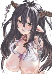 Rule 34 | 10s, 1girl, black hair, breasts, cleavage, danua, draph, granblue fantasy, horns, huge breasts, inverted nipples, long hair, nipples, pointy ears, simple background, solo, tomiokasena, topless, white background