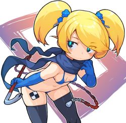 Rule 34 | 1girl, bachera, bikini, black eyes, black thighhighs, blonde hair, blue bikini, blue flower, blue gloves, blue pupils, blue scarf, breasts, chain, crowbar, elbow gloves, eyes visible through hair, flower, gloves, hair flower, hair ornament, highres, holding, holding crowbar, leaning forward, original, scarf, small breasts, solo, swept bangs, swimsuit, thighhighs, twintails, white background