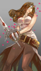Rule 34 | 00s, 1girl, beatrix, belt, breasts, brown hair, brown pantyhose, cleavage, drill hair, ened, eyepatch, fighting stance, final fantasy, final fantasy ix, green eyes, grey background, large breasts, one-eyed, pantyhose, parted lips, petals, rose petals, simple background, sleeveless, solo, sword, weapon