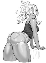 Rule 34 | 1girl, arched back, ass, bent over, breasts, dark elf, dark skin, dark-skinned female, elf, elf-san wa yaserarenai., female focus, greyscale, highres, huge ass, kuroeda-san, mole, mole under eye, monochrome, pants, pointy ears, shirt, simple background, solo, standing, synecdoche, thick thighs, thighs, white background, wide hips