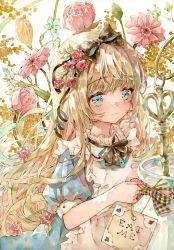 Rule 34 | 1girl, alice (alice in wonderland), alice in wonderland, apron, blonde hair, blue dress, blue eyes, blunt bangs, blush, bottle, bow, closed mouth, collared dress, dress, floral background, flower, frown, hair bow, hair flower, hair ornament, hair ribbon, highres, holding, holding string, key, long hair, looking to the side, neck ribbon, original, oversized object, painting (medium), puffy short sleeves, puffy sleeves, ribbon, short sleeves, solo, string, traditional media, very long hair, watercolor (medium), yukoring