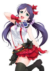 Rule 34 | 10s, 1girl, ardnades, black thighhighs, bokura wa ima no naka de, boots, breasts, card, fingerless gloves, frilled skirt, frills, gloves, green eyes, hair ribbon, hairband, love live!, love live! school idol project, navel, open mouth, purple hair, red gloves, ribbon, simple background, skirt, solo, thighhighs, tojo nozomi, twintails, white background