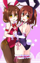 Rule 34 | 10s, 2girls, animal ears, arm garter, ass, blush, bow, bowtie, breasts, brown eyes, brown hair, detached collar, earrings, elbow gloves, fake animal ears, fang, fishnet legwear, fishnets, folded ponytail, gin (shioyude), gloves, hair ornament, hairclip, heart, heart-shaped lock, heart earrings, holding hands, ikazuchi (kancolle), inazuma (kancolle), interlocked fingers, jewelry, kantai collection, leotard, looking at viewer, multiple girls, open mouth, pantyhose, playboy bunny, rabbit ears, rabbit tail, short hair, smile, tail, thighhighs, white gloves, wrist cuffs