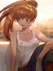 Rule 34 | 1girl, aoki (fumomo), arm rest, bare shoulders, breasts, cleavage, cross, cross necklace, full metal panic!, full metal panic! invisible victory, gloves, jewelry, knee up, long hair, looking to the side, medium breasts, midriff, nami (full metal panic!), necklace, open mouth, orange hair, pants, ponytail, sitting, smile, solo, sunlight, tank top, yellow eyes