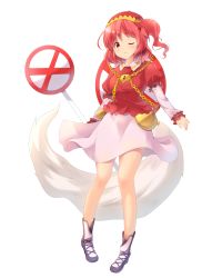 Rule 34 | 1girl, blush, boots, chain, commentary request, expressionless, full body, hair between eyes, hair bobbles, hair ornament, hat, highres, kawashiro mitori, lavender skirt, layered sleeves, lock, looking at viewer, one eye closed, original, puffy short sleeves, puffy sleeves, red eyes, red hair, red shirt, road closed sign, road closed to all sign, road sign, shirt, short hair, short sleeves, side ponytail, sign, simple background, solo, standing, touhou, transparent background, white background, white footwear, yurufuwa milk