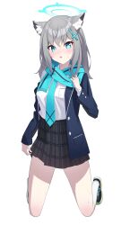 Rule 34 | 1girl, absurdres, animal ear fluff, animal ears, black skirt, blazer, blue archive, blue eyes, blue halo, blue jacket, blue necktie, blue scarf, blush, breasts, commentary, cross hair ornament, grey hair, hair ornament, halo, hand up, highres, jacket, kneeling, long hair, long sleeves, looking at viewer, medium breasts, mismatched pupils, moio52, necktie, open clothes, open jacket, open mouth, plaid, plaid skirt, pleated skirt, scarf, shiroko (blue archive), shirt, shoes, simple background, skirt, socks, solo, sweat, white background, white shirt, white socks, wolf ears