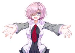 Rule 34 | 1girl, black-framed eyewear, eyes visible through hair, fate/grand order, fate (series), glasses, hair over one eye, highres, mash kyrielight, necktie, outstretched arms, pink hair, purple eyes, red necktie, shefu, short hair, simple background, solo, standing, white background