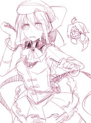 Rule 34 | + +, 00s, 1boy, 1girl, 6 (yuchae), alternate costume, bangle, beret, bracelet, breasts, chibi, chibi inset, gloves, hat, jewelry, magical girl, melty blood, monochrome, sharp teeth, sion eltnam atlasia, sketch, skirt, solo focus, string in mouth, teeth, tsukihime, wallachia