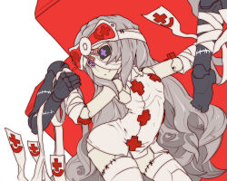 Rule 34 | 1girl, aidress (t.a.k.), bandaged arm, bandages, cowboy shot, cross, doll joints, eyepatch, joints, long hair, original, purple eyes, red cross, simple background, smile, solo, t.a.k., very long hair, white background