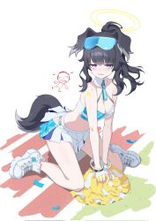 Rule 34 | 1girl, animal ears, doodle sensei (blue archive), bangle, bare shoulders, black hair, blue archive, blush, bracelet, breasts, cheerleader, cleavage, commentary request, dog ears, dog girl, dog tail, eyewear on head, gloves, goggles, goggles on head, halo, hibiki (blue archive), hibiki (cheer squad) (blue archive), highres, holding, holding pom poms, jewelry, long hair, looking at viewer, medium breasts, millennium cheerleader outfit (blue archive), miniskirt, navel, official alternate costume, pom pom (cheerleading), pom poms, purple eyes, sensei (blue archive), shoes, skirt, sneakers, solo, star sticker, sticker on arm, sticker on face, sunglasses, tail, text print, thighs, twintails, white footwear, white skirt, yellow halo, zhiyu 2070