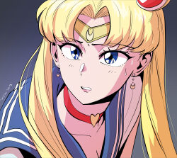 Rule 34 | 1girl, absurdres, bishoujo senshi sailor moon, blonde hair, blue eyes, blue sailor collar, choker, close-up, collarbone, collared shirt, crescent, crescent earrings, earrings, gegegekman, gradient background, highres, jewelry, long hair, medium bangs, meme, parted bangs, parted lips, pink lips, red choker, sailor collar, sailor moon redraw challenge (meme), sailor senshi uniform, sailor shirt, shirt, signature, simple background, solo, sweatdrop, tiara, tsukino usagi, twintails, white shirt