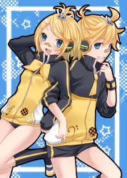 Rule 34 | 1boy, 1girl, :d, bandaid, bandaid on face, bandaid on nose, blonde hair, blue eyes, brother and sister, buruma, fang, grin, gym shorts, hair ornament, hairclip, jacket, kagamine len, kagamine rin, kneehighs, looking at viewer, open mouth, project diva, project diva (series), project diva f, shoes, short hair, shorts, siblings, smile, socks, stylish energy (vocaloid), track jacket, twins, uwabaki, vocaloid, yayoi (egoistic realism)
