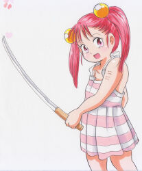 Rule 34 | 1girl, absurdres, blush, collarbone, dress, glands of montgomery, hair bobbles, hair ornament, heart, highres, holding, long hair, looking at viewer, marup, open mouth, pink dress, pink eyes, red hair, scar, scar on arm, sleeveless, sleeveless dress, smile, standing, striped clothes, striped dress, sword, twintails, weapon