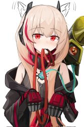Rule 34 | 1girl, animal ear fluff, animal ears, bare shoulders, black jacket, closed mouth, commentary, corrupted twitter file, dinergate (girls&#039; frontline), girls&#039; frontline, hair between eyes, highres, hood, hood down, hooded jacket, jacket, leash, light brown hair, looking at viewer, m4 sopmod ii (girls&#039; frontline), m4 sopmod ii (mod3) (girls&#039; frontline), mouth hold, multicolored hair, off shoulder, open clothes, open jacket, potryka2000, red eyes, red hair, simple background, streaked hair, upper body, white background