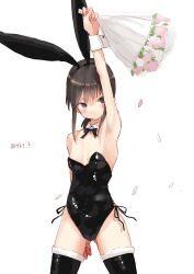 Rule 34 | 1girl, animal ears, arm up, armpits, bare shoulders, black bow, black bowtie, blush, bouquet, bow, bowtie, breasts, brown hair, cleavage, commentary request, cowboy shot, detached collar, detached sleeves, fake animal ears, falling petals, flower, fubuki (kancolle), gluteal fold, grey eyes, hair between eyes, hairband, highleg, highres, kantai collection, leotard, low ponytail, one-hour drawing challenge, petals, playboy bunny, rabbit ears, sidelocks, simple background, small breasts, smile, solo, standing, tetsukuzu (yajirushi shita), thighhighs, twitter username, white background, wing collar