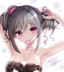Rule 34 | 10s, 1girl, adjusting hair, armpits, arms up, bad id, bad pixiv id, blush, breasts, cleavage, female focus, grey hair, hair tie, highres, idolmaster, idolmaster cinderella girls, kanzaki ranko, large breasts, looking at viewer, mouth hold, naked towel, purple eyes, simple background, smile, solo, towel, tsukigami runa, tying hair, upper body, wet, white background
