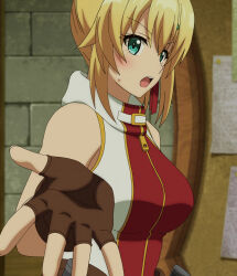 Rule 34 | 1girl, blonde hair, blush, breasts, emma brightness, fingerless gloves, gloves, green eyes, highres, large breasts, looking at viewer, medium hair, open mouth, ore dake haireru kakushi dungeon, outstretched arm, side ponytail, solo, stitched, sweatdrop, third-party edit, weapon