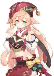 Rule 34 | 1girl, absurdres, animal ear fluff, animal ears, aqua eyes, blonde hair, breasts, cat ears, cat girl, cat tail, cleavage, cleavage cutout, closed mouth, clothing cutout, cowboy shot, crop top, floppy ears, genshin impact, gold trim, hair between eyes, hands up, hat, highres, horns, kemonomimi mode, kuroida, long hair, long sleeves, looking at viewer, medium breasts, midriff, miniskirt, navel, puffy sleeves, red hat, revealing clothes, simple background, skirt, solo, standing, stomach, tail, tassel, v-shaped eyebrows, very long hair, white background, yanfei (genshin impact)