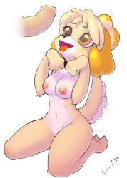 Rule 34 | 1girl, absurdres, animal crossing, animal ears, animal hands, artist name, blonde hair, breasts, claws, collar, crombie, dated, dog ears, dog tail, erection, feet, full body, furry, furry female, hands up, heart, highres, isabelle (animal crossing), kneeling, large breasts, looking up, navel, nintendo, nipples, nude, open mouth, partially visible vulva, paw pose, penis, saliva, short hair, signature, simple background, sitting, smile, solo, tail, text focus, tongue, tongue out, white background, yellow eyes