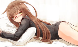 Rule 34 | 1girl, ass, black sailor collar, black shirt, blush, bottomless, brown hair, closed mouth, commentary request, eyes visible through hair, hair over one eye, hakuun (m2230), has bad revision, has downscaled revision, highres, kantai collection, long hair, long sleeves, lying, md5 mismatch, mochizuki (kancolle), hugging object, on stomach, pillow, pillow hug, red-framed eyewear, resolution mismatch, sailor collar, semi-rimless eyewear, shirt, solo, source smaller, under-rim eyewear, very long hair, yellow eyes
