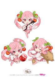Rule 34 | 1girl, arms up, bachi, candy apple, cherry blossom print, cherry hair ornament, chibi, commentary, detached sleeves, doguu, floral print, food, food-themed hair ornament, hair ornament, hatsune miku, highres, holding, holding food, holding plectrum, instrument, kiya machi, leg up, looking at viewer, multiple views, music, necktie, official art, one eye closed, open mouth, outstretched arms, pig, pink hair, pink necktie, pink skirt, pink sleeves, pink thighhighs, playing instrument, pleated skirt, plectrum, red eyes, sakura miku, shamisen, shirt, shoulder tattoo, sitting, skirt, sleeveless, sleeveless shirt, smile, standing, standing on one leg, tattoo, thighhighs, twintails, vocaloid, white background, white shirt