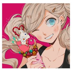 Rule 34 | arm up, bare shoulders, black tank top, blonde hair, blue eyes, blush, border, breasts, cleavage, crepe, earrings, food, hair ornament, hairclip, hand up, holding, holding food, ivxxx, jewelry, nail polish, one eye closed, open mouth, persona, persona 5, pink background, pink nails, simple background, smile, snack, solo, stud earrings, swept bangs, takamaki anne, tank top, teeth, twintails, white border