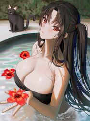 Rule 34 | 1girl, bandeau, bikini, black bandeau, black hair, breasts, cat, flower, head tilt, highres, holding, holding flower, in water, large breasts, long hair, looking at viewer, myabit, parted bangs, red eyes, side ponytail, solo, strapless, strapless bikini, swimsuit, water