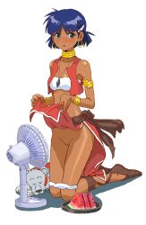 Rule 34 | 1girl, absurdres, bald pussy, bandeau, blush, bob cut, bracelet, breasts, brown footwear, caught, cleft of venus, commentary request, cropped vest, cross-laced sandals, dark-skinned female, dark skin, earrings, electric fan, embarrassed, food, fruit, full body, fushigi no umi no nadia, green eyes, hair ornament, hairclip, highres, hoop earrings, jewelry, king (nadia), kneeling, loincloth, loincloth lift, looking at viewer, midriff, nadia la arwall, neck ring, necklace, panties, panties around knees, panties around thighs, panty pull, pelvic curtain, pendant, purple hair, pussy, red vest, sandals, shiren (ourboy83), short hair, sleeping, strapless, surprised, third-party edit, tube top, underwear, vest, watermelon, white bandeau, white panties