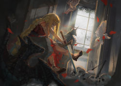 Rule 34 | 1girl, absurdres, arm tattoo, bird, blonde hair, dove, dragon, dress, fang qiao, green eyes, head rest, high heels, highres, holding, holding sword, holding weapon, leaning forward, long hair, original, pile of skulls, red dress, skull, solo, sword, tattoo, throne, tiara, torn clothes, torn dress, very long hair, weapon, window