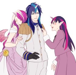Rule 34 | 1boy, 2girls, black gloves, blue hair, brother and sister, cuddling, dress, epaulettes, closed eyes, from side, gloves, horns, long hair, multicolored hair, multiple girls, my little pony, my little pony: friendship is magic, otani (gloria), pink hair, pointy ears, cadance (my little pony), purple hair, shining armor, siblings, single horn, twilight sparkle, two-tone hair, uniform, white background, wings