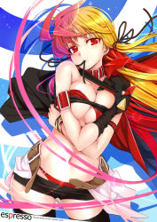 Rule 34 | 00s, 1girl, armband, belt, black gloves, black ribbon, black thighhighs, blonde hair, blush, bracelet, breasts squeezed together, breasts, cape, choker, cleavage, collar, earrings, fate testarossa, fingerless gloves, gloves, hair ribbon, jewelry, large breasts, long hair, lyrical nanoha, mahou shoujo lyrical nanoha, mikazuki akira!, mouth hold, multicolored hair, navel, no bra, panties, pink hair, red eyes, red panties, red ribbon, ribbon, ribbon in mouth, single glove, solo, thighhighs, underwear